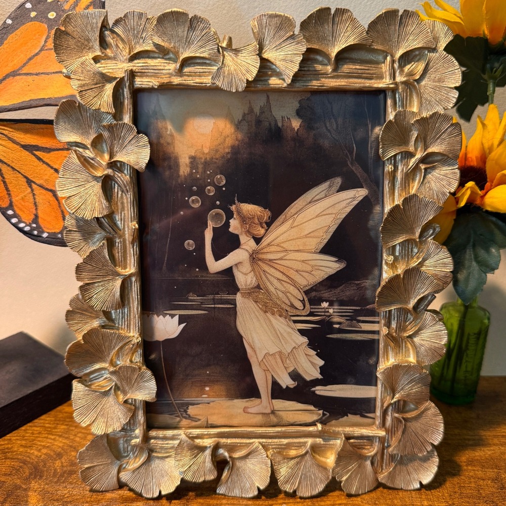Fairy Art Print Gold Ginkgo Leaf Picture Frame 4x6 Whimsical Botanical Decor